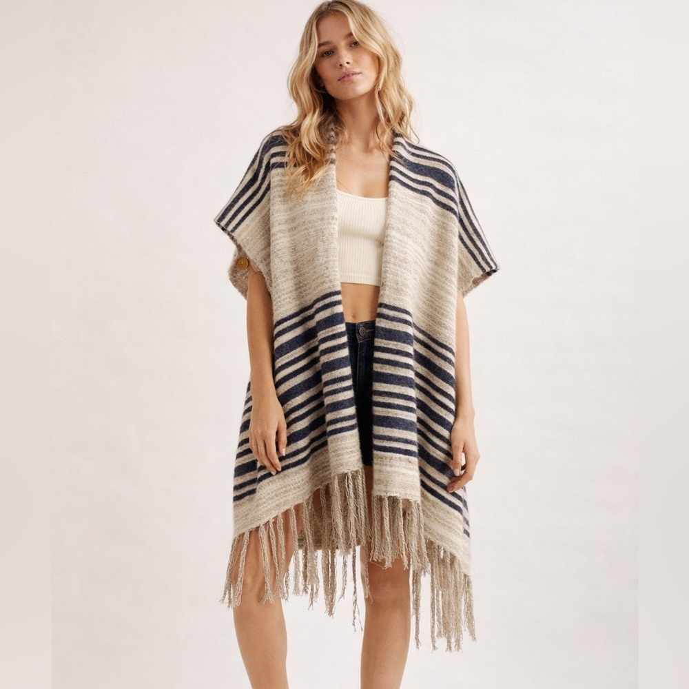 Minkas Striped Knit Poncho Cardigan Fringe Open Front Boho Shawl Wrap Sweater